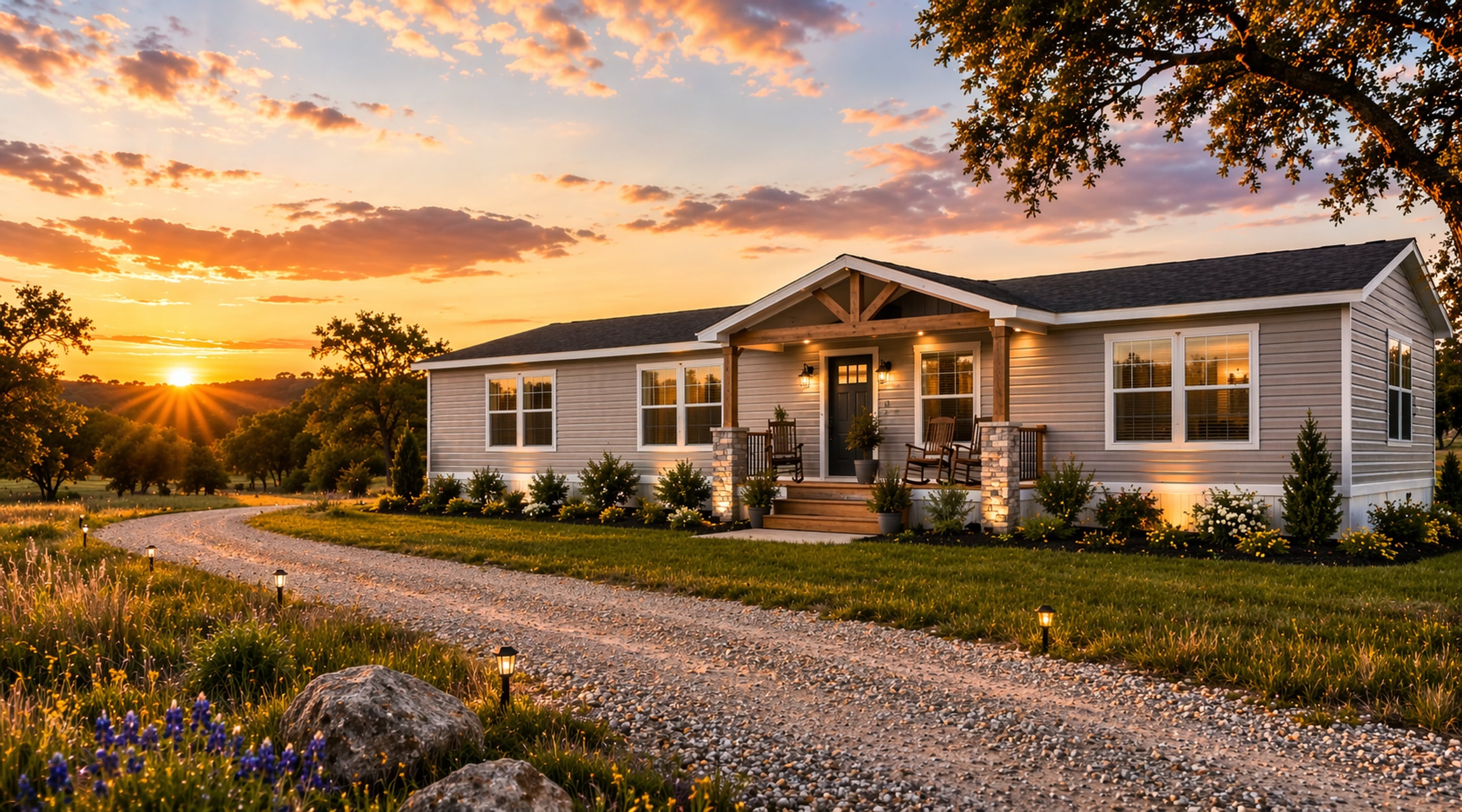 Modern manufactured home on a Texas Hill Country property at sunset