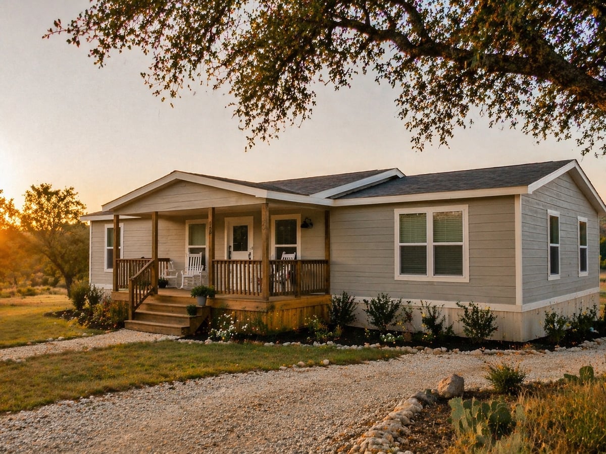 Double-wide manufactured home with covered front porch at golden hour