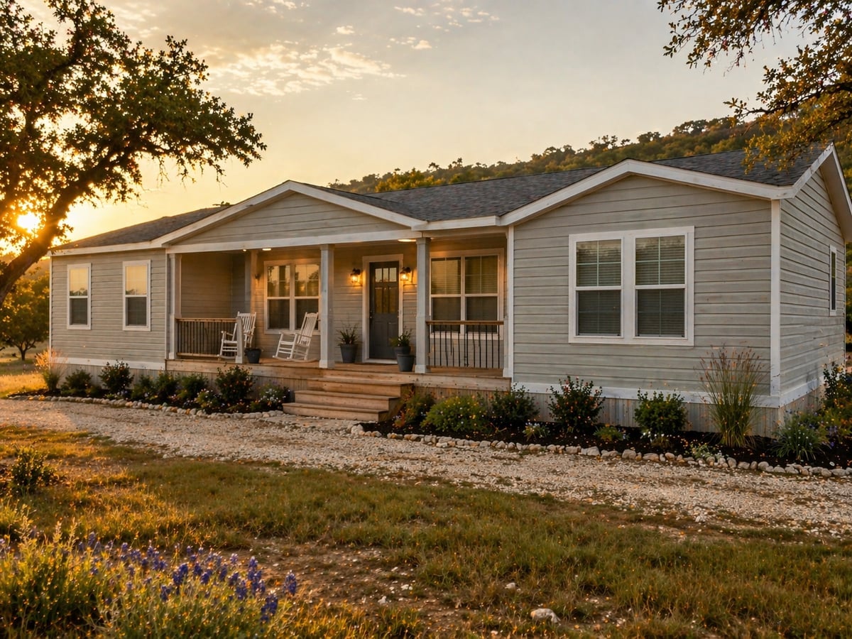 Multi-section manufactured home with stone accents and gable roof porch